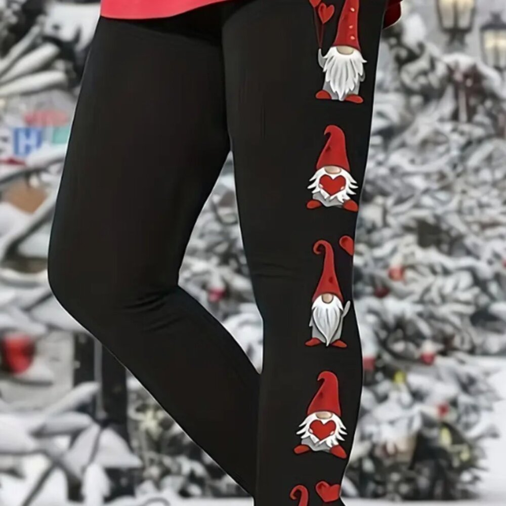 Christmas Gnomes Print High Waist Leggings - Casual Skinny Elastic Waist